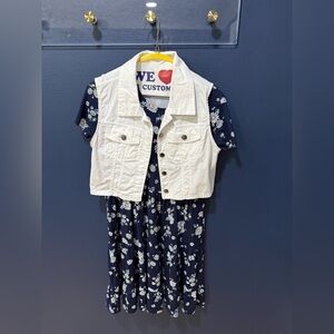 Knitworks Navy Floral Dress with White Denim Vest